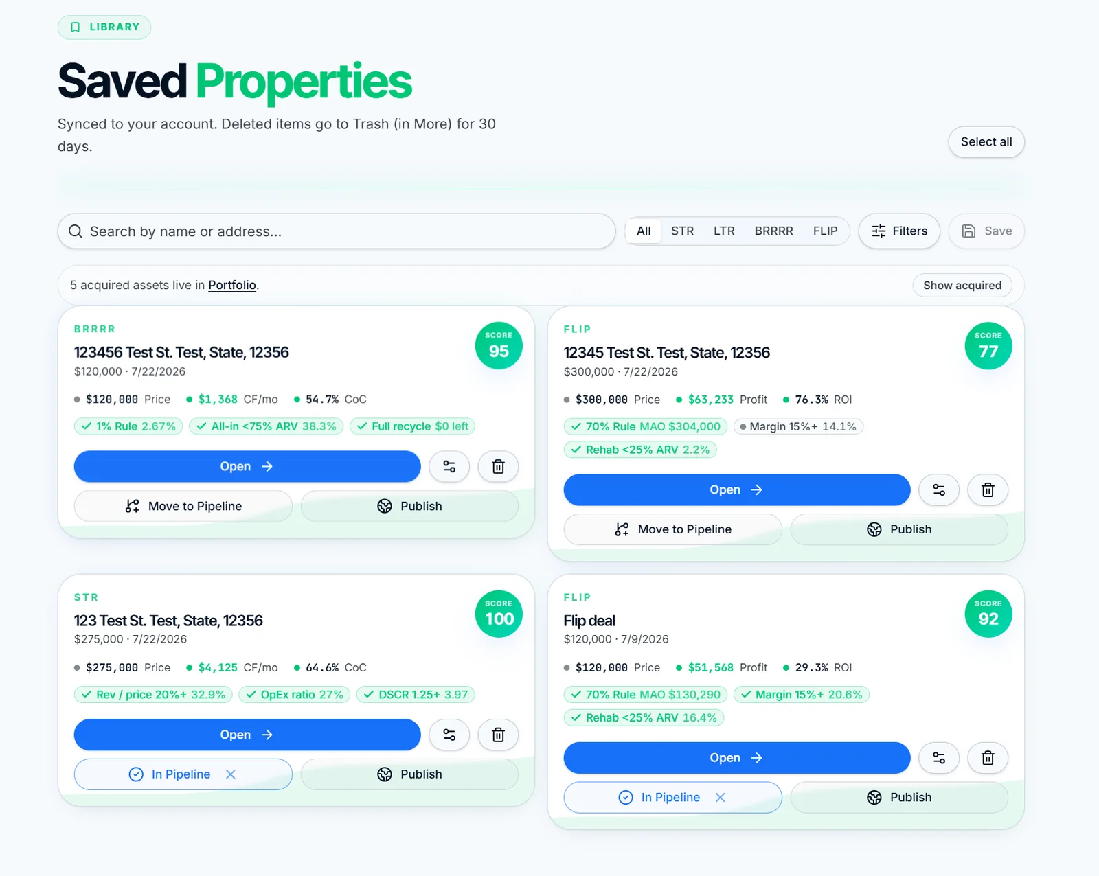 Saved Deals page showing an A+ LTR deal summary with cash flow and score
