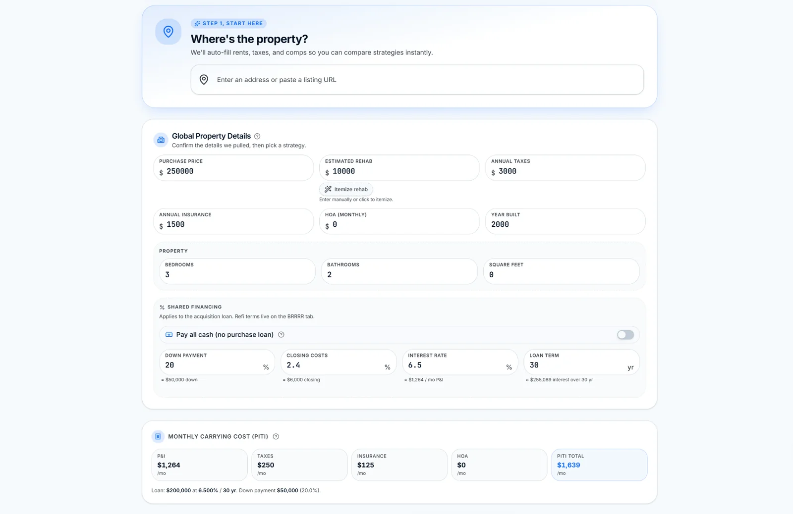 ROIStack Omni-View global property setup: address, financing, and monthly carrying cost