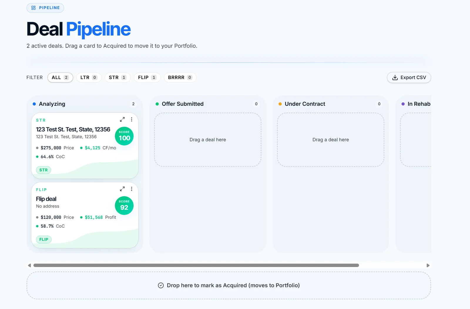 ROIStack pipeline and owned assets grid with scoring cards