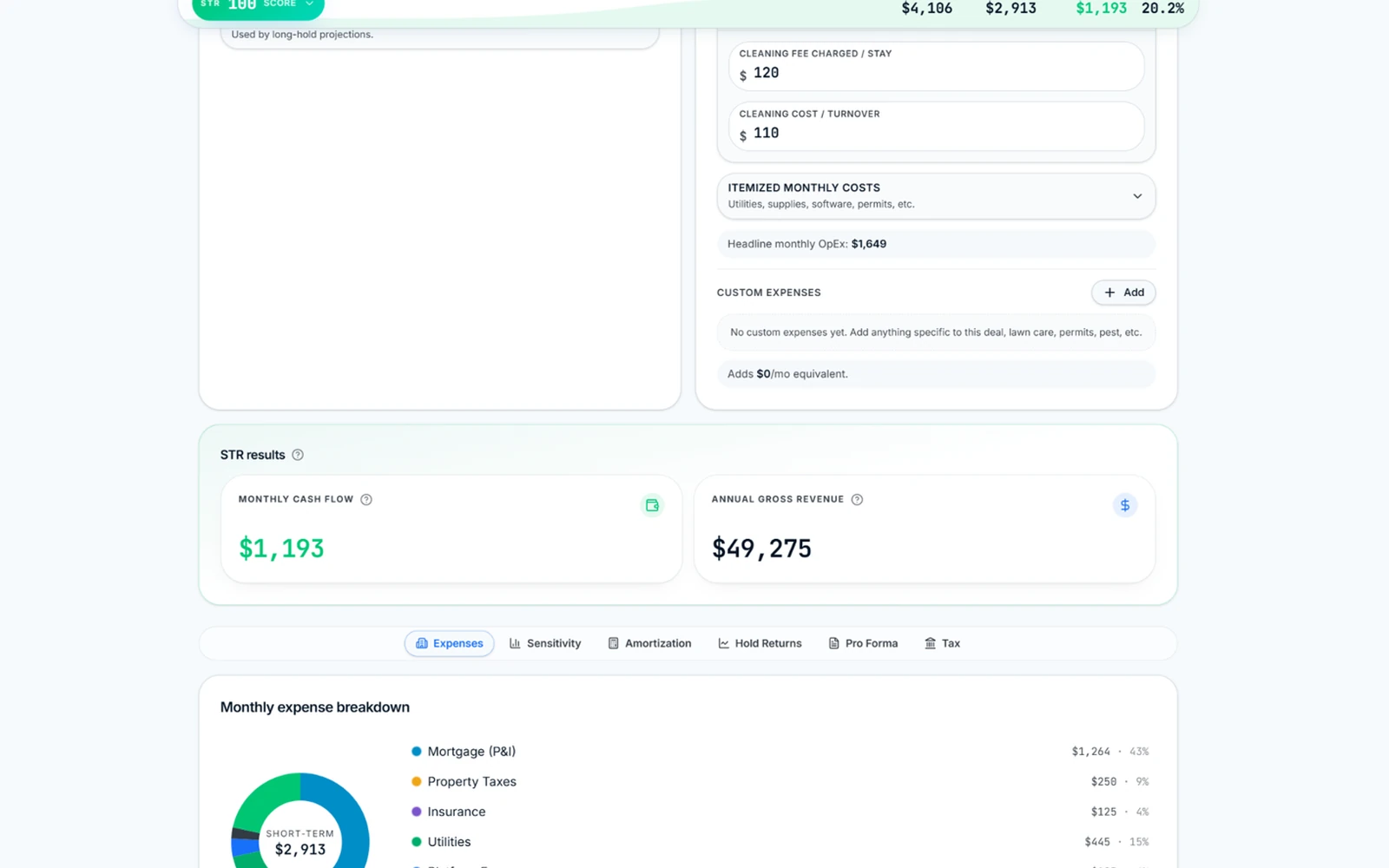 ROIStack STR expense breakdown donut with per-line mortgage, taxes, utilities, and platform fees